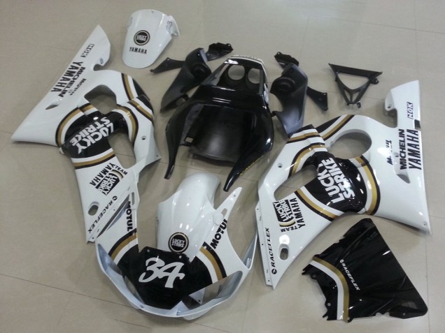 1998-2002 Yamaha YZF R6 Motorcycle Fairings - White Black Motul Lucky Strike 34