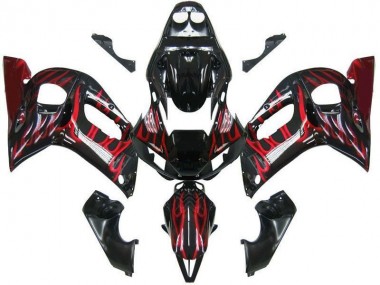 1998-2002 Yamaha YZF 600 R6 Motorcycle Fairings - Glossy Black Red Flame