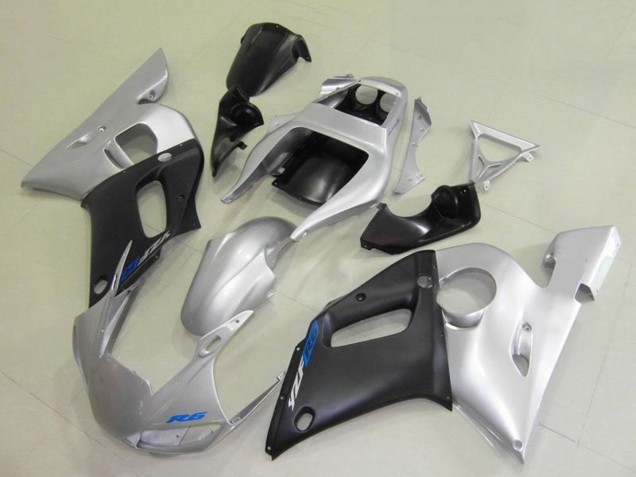 1998-2002 Yamaha YZF R6 Motorcycle Fairings - Silver Matte Black Blue Decal