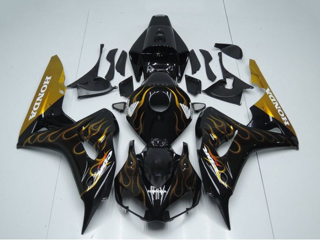 2006-2007 Honda CBR1000RR Motorcycle Fairing - Glossy Black Gold Flame