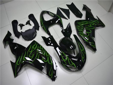 2006-2007 Kawasaki ZX10R Motorcycle Fairings - Glossy Black Green Flame