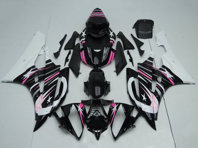 2006-2007 Yamaha YZF R6 Motorcycle Fairings - White Glossy Black Pink Star Flame