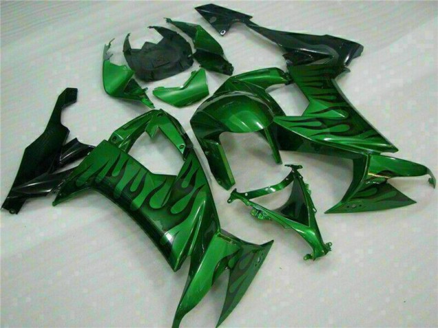 2008-2010 Kawasaki ZX10R Motorcycle Fairings - Glossy Black Green Flame