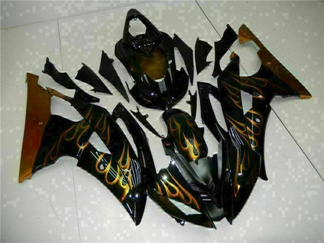 2008-2016 Yamaha YZF R6 Motorcycle Fairings - Glossy Black Gold Flame