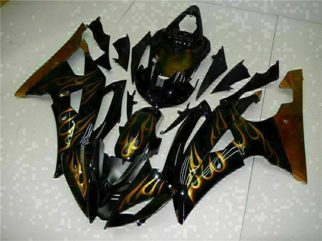 2008-2016 Yamaha YZF R6 Motorcycle Fairings - Glossy Black Gold Flame