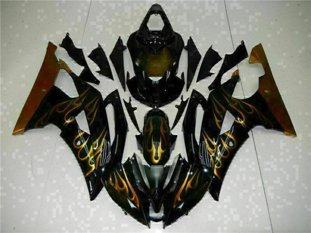 2008-2016 Yamaha YZF R6 Motorcycle Fairings - Glossy Black Gold Flame