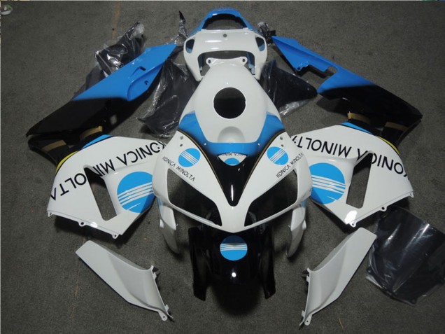 2005-2006 Honda CBR600RR Motorcycle Fairing - White Blue Glossy Black Konica Minolta
