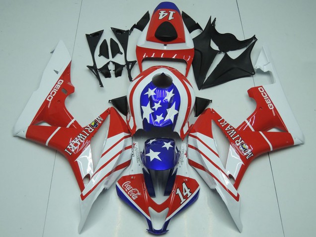 2007-2008 Honda CBR600RR Motorcycle Fairings - White Red Blue Star Geico 14