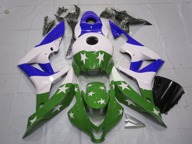2007-2008 Honda CBR600RR Motorcycle Fairings - White Blue Green Stars Stripe