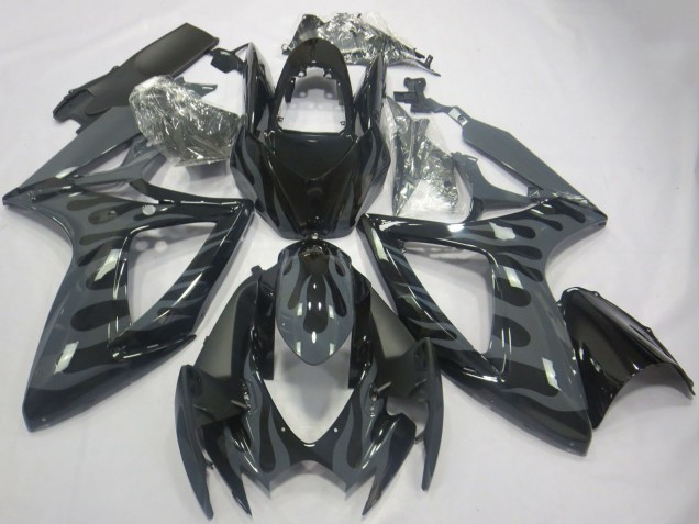 2006-2007 Suzuki GSXR 600 / GSXR 750 Motorcycle Fairings - Grey Black Flame