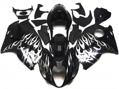 1996-2007 Suzuki GSXR 1300 Motorcycle Fairings - Glossy Black with Silver Flame