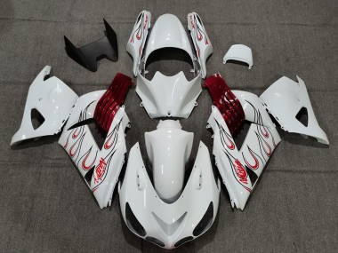 2006-2011 Kawasaki ZX14R Motorcycle Fairings - White Red Flame