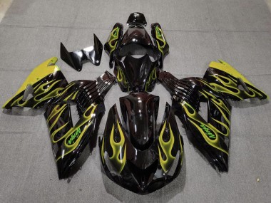 2006-2011 Kawasaki ZX14R Motorcycle Fairings - Glossy Black Yellow Flame
