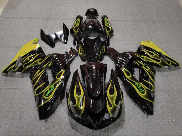 2006-2011 Kawasaki ZX14R Motorcycle Fairings - Glossy Black Yellow Flame