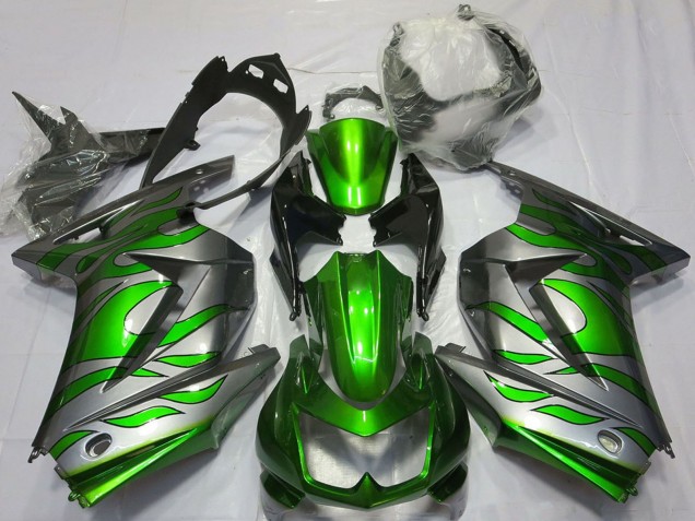 2008-2012 Kawasaki Ninja 250 Motorcycle Fairings - Silver Green Flame