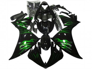 2009-2011 Yamaha R1 Motorcycle Fairings - Glossy Black Green Flame