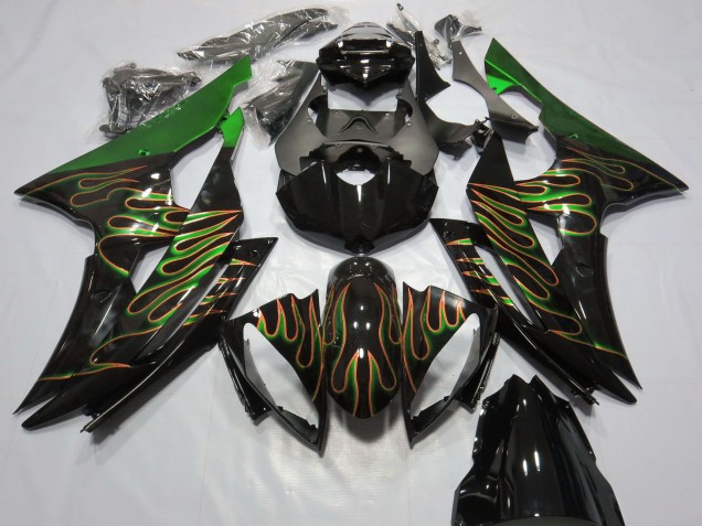 2008-2016 Yamaha R6 Motorcycle Fairings - Green Glossy Black Gold Flame