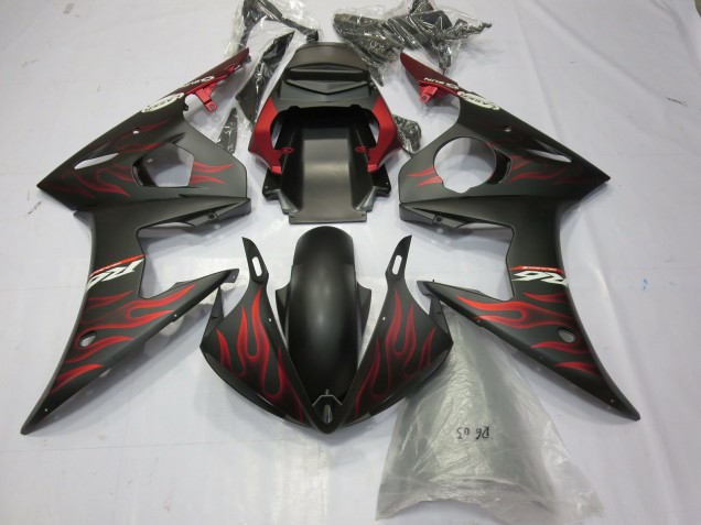 2003-2004 Yamaha R6 Motorcycle Fairings - Matte Black Red Flame