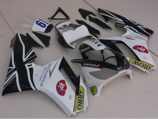 2006-2008 Triumph Daytona 675 Motorcycle Fairings - White Glossy Black with Flag