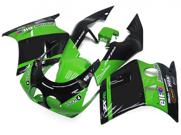 1989-1990 Kawasaki ZXR250 Motorcycle Fairings - Green Glossy Black Elf Touch4 Bridgestone