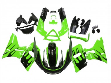 1993-2007 Kawasaki ZZR400 Motorcycle Fairings - Green Glossy Black Flame