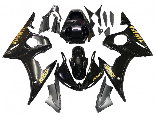 2003-2004 Yamaha YZF R6 Motorcycle Fairings - Glossy Black Gold Decals