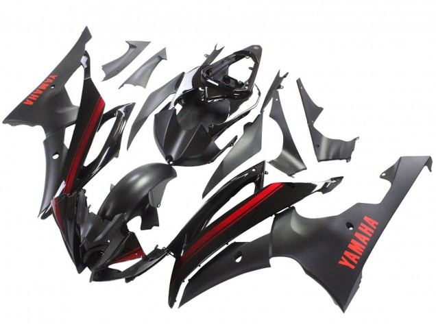 2008-2016 Yamaha YZF 600 R6 Motorcycle Fairings - Glossy Black Matte Black Red Stripe