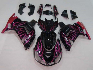 2006-2011 Kawasaki ZX14R ZZR1400 Motorcycle Fairings - Glossy Black Red Pink Flame