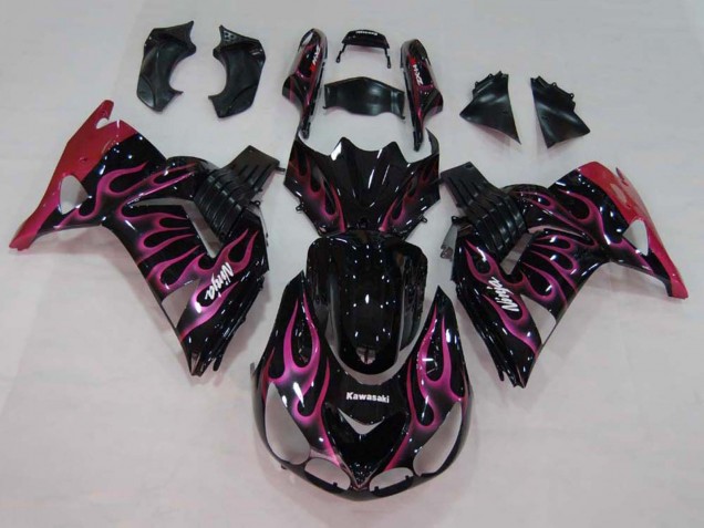 2006-2011 Kawasaki ZX14R ZZR1400 Motorcycle Fairings - Glossy Black Red Pink Flame