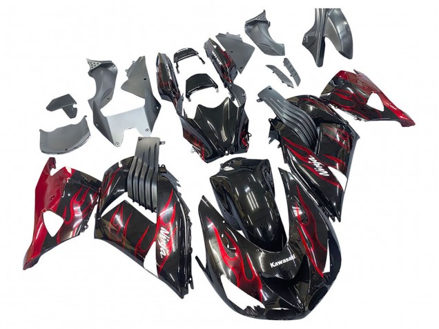 2006-2011 Kawasaki ZX14R ZZR1400 Motorcycle Fairing Kits - Glossy Black Red Flame