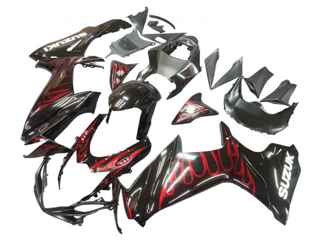 2011-2024 Suzuki GSXR 600 / GSXR 750 Motorcycle Fairings - Glossy Black Red Flame
