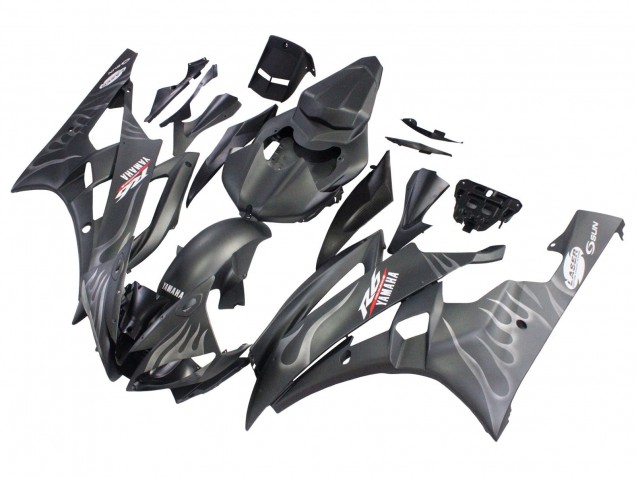 2006-2007 Yamaha YZF 600 R6 Motorcycle Fairings - Matte Black Silver Flame