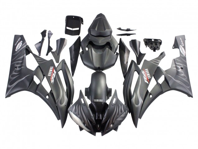 2006-2007 Yamaha YZF 600 R6 Motorcycle Fairings - Matte Black Silver Flame