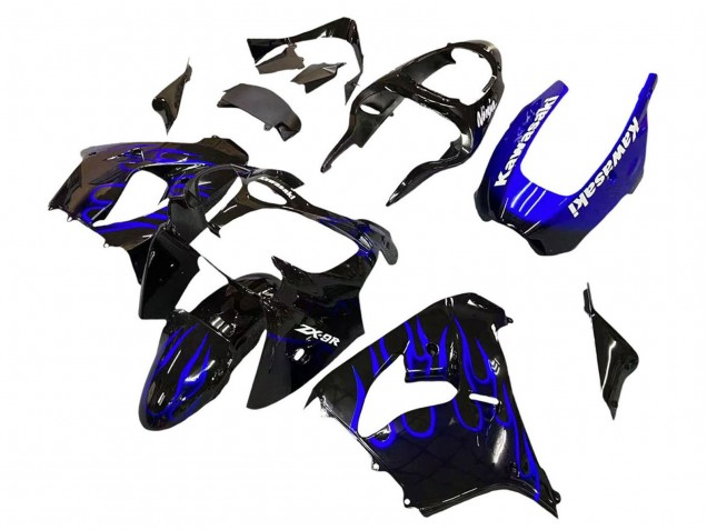 2000-2001 Kawasaki ZX9R Motorcycle Fairings - Glossy Black Blue Flame White