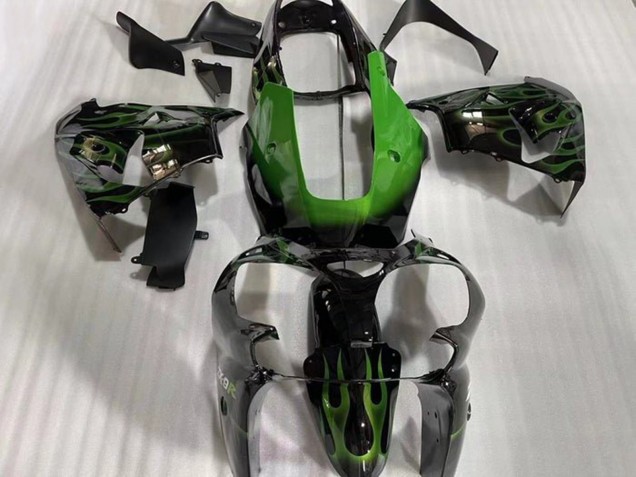 2002-2003 Kawasaki ZX9R Motorcycle Fairings - Glossy Black Green Flame