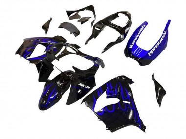 2002-2003 Kawasaki ZX9R Motorcycle Fairings - Black White with Blue Flame