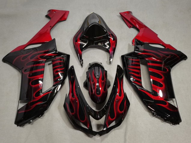 2007-2008 Kawasaki ZX6R Motorcycle Fairings - Black Red Flame