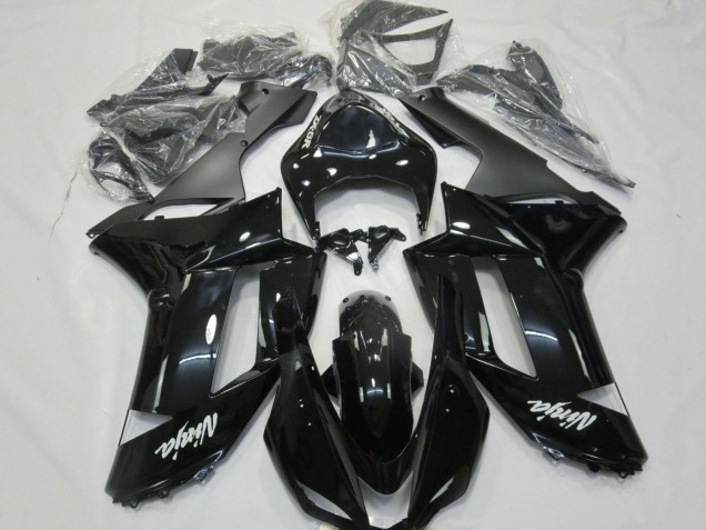 2007-2008 Kawasaki ZX6R Motorcycle Fairings - Glossy Black Matte Black White Decals