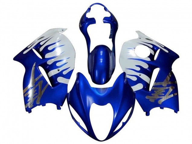 1996-2007 Suzuki GSXR 1300 Hayabusa Motorcycle Fairings - White Blue Chrome Flame