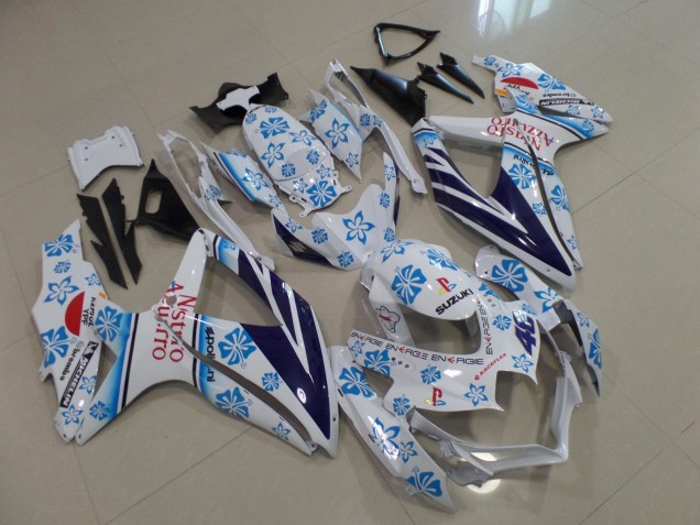 2008-2010 Suzuki GSXR 600 / GSXR 750 Motorcycle Fairings - White Blue Flower Red Nastro Azzurro