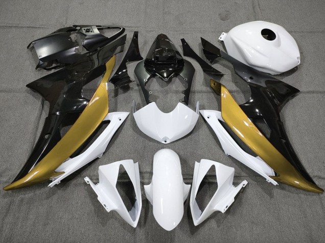2008-2016 Yamaha YZF R6 Motorcycle Fairings - White Gold Glossy Black