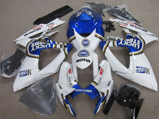 2006-2007 Suzuki GSXR 600 Motorcycle Fairings - White Blue Lucky Strike Motul