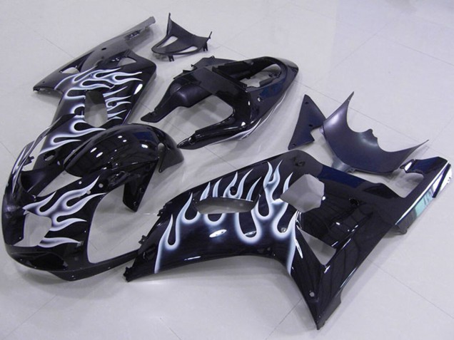 2001-2003 Suzuki GSXR 750 Motorcycle Fairings - Glossy Black White Flame