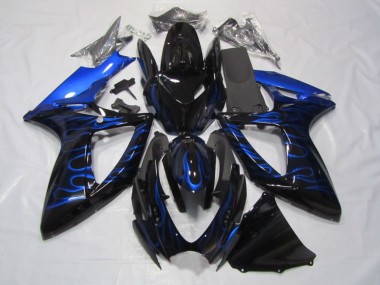 2006-2007 Suzuki GSXR 750 Motorcycle Fairings - Glossy Black Blue Flame