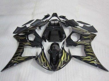 2003-2004 Yamaha YZF R6 Motorcycle Fairings - Glossy Black Gold Flame